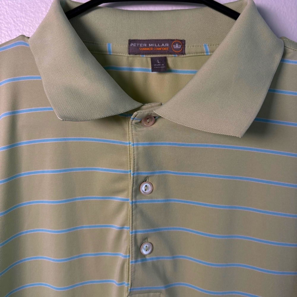 Peter Millar Summer Comfort Polo Shirt Mens Large Green Blue Striped Golf Top - Picture 4 of 8